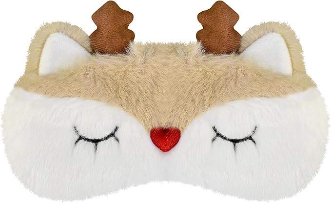 Christmas Reindeer Sleep Mask Cute Antler Eye Masks Sleeping Soft Plush Cartoon Blindfold Funny Animal Eye Cover Xmas Presents for Kids Girls and Adult (Xmas Reindeer,White) - Bloomnest