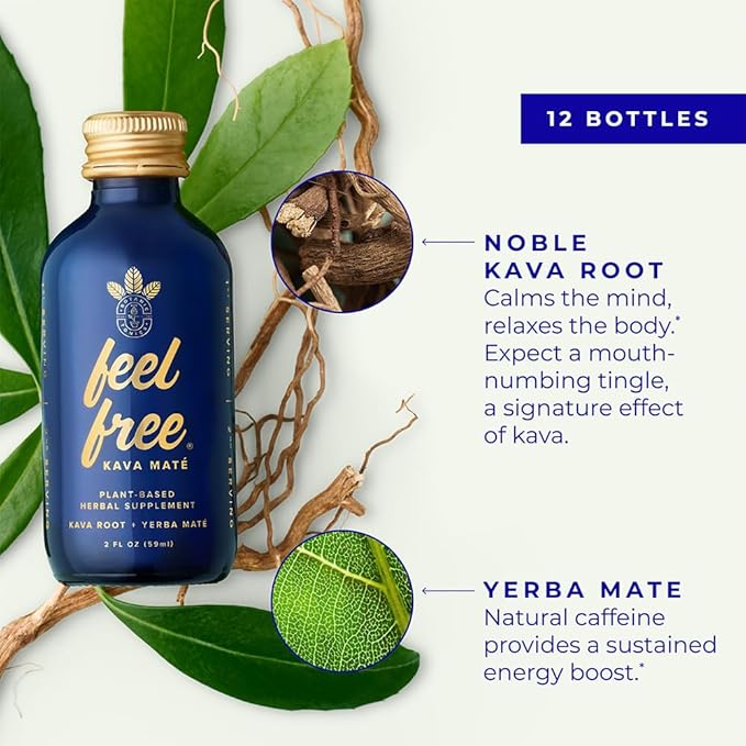 Botanic Tonics feel free Kava Mate - Natural Energy with Kava Root and Yerba Mate - Mood Boost & Sustained Energy - Improved Flavor - Pack of 12 (24 Servings) BotanicTonicsfeelfree
