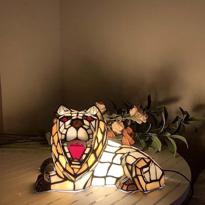 Bieye L10828 Roaring Lion Table Lamp Tiffany Style Stained Glass Accent Night Light for Children's Room Nursery Home Décor - Bloomnest