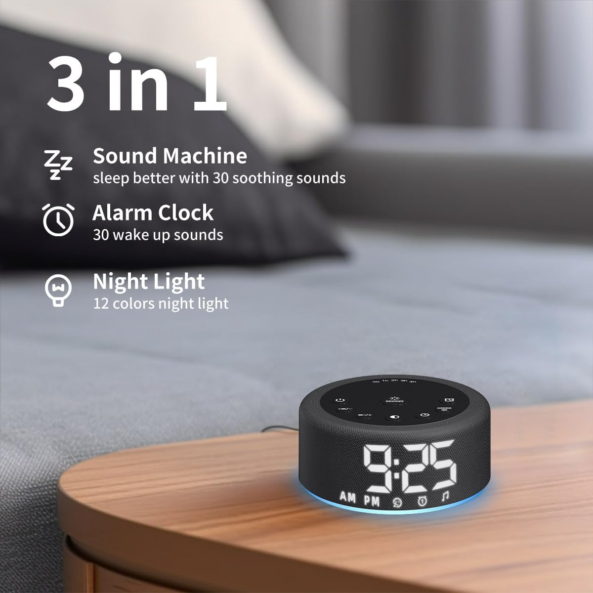 【3 in 1】 Sound Machine Alarm Clock Night Light White Noise Machine with 27 Sleeping Sounds for Baby Kids Adults 32 Level Volume Auto Off Timer Memory Function Digital Clock with 30 Wake Up Sounds