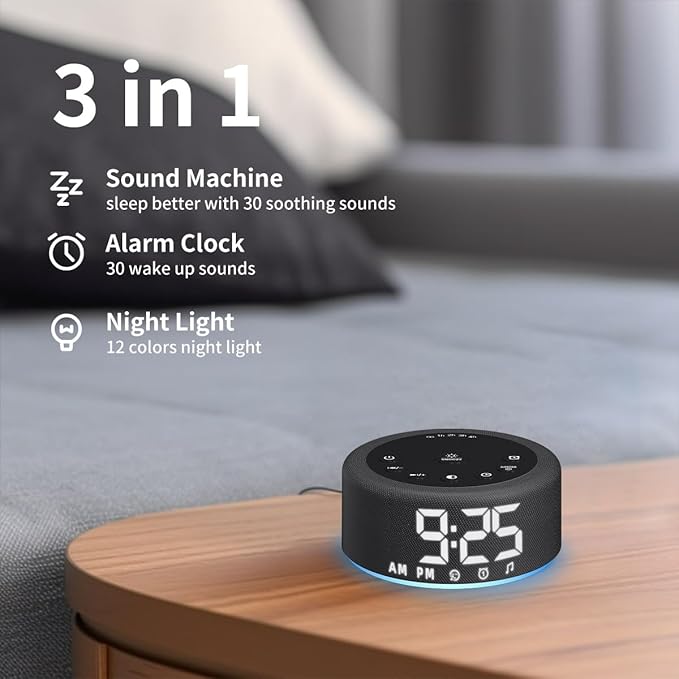 【3 in 1】 Sound Machine Alarm Clock Night Light White Noise Machine with 27 Sleeping Sounds for Baby Kids Adults 32 Level Volume Auto Off Timer Memory Function Digital Clock with 30 Wake Up Sounds - Bloomnest