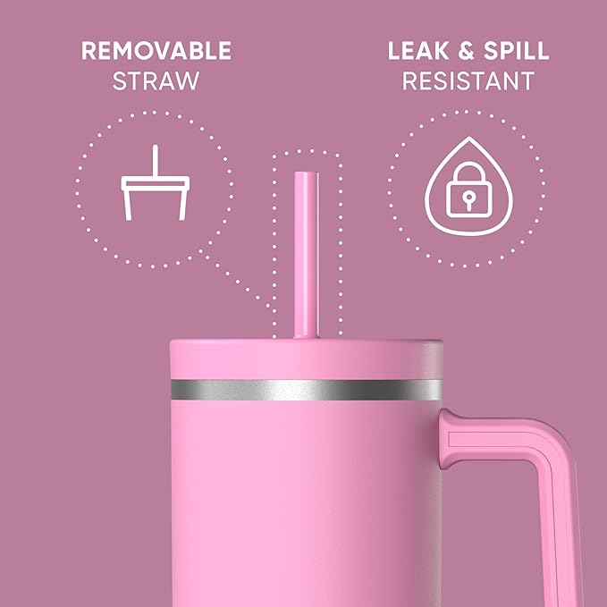 Hydrapeak Voyager 40 oz Tumbler with Handle and Straw Lid | Reusable Stainless Steel Water Bottle Travel Mug Cupholder Friendly | Insulated Cup (Bubblegum) - Bloomnest