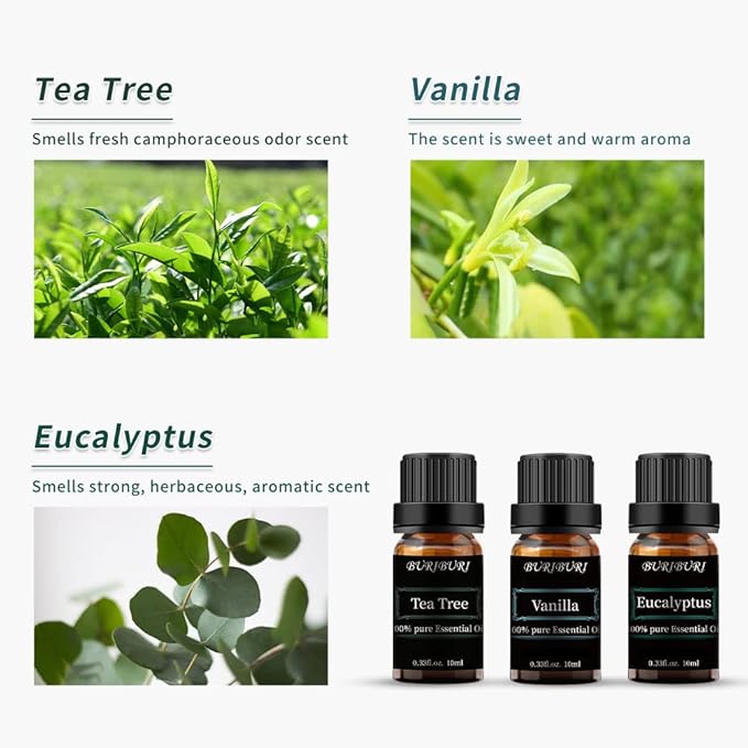 BURIBURI Tea Tree, Eucalyptus and Vanilla Essential Oil Set, 100% Pure 3Pcs Essential Oils Gift Set for Diffusers BURIBURI