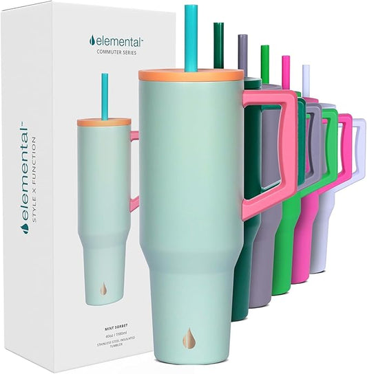 Elemental 40 oz Tumbler with Handle and Straw - Spill Proof Insulated Stainless Steel Commuter for Hot and Cold Beverages - Travel Coffee Mug with 2 Straws & Spill Proof Lid - 40oz - Mint Sorbet - Bloomnest