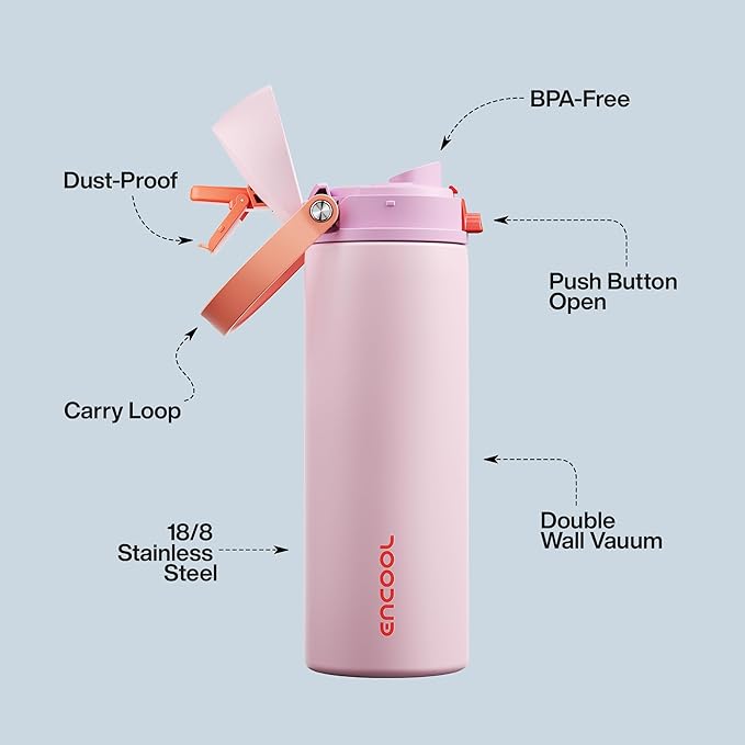 Insulated Water Bottle with Straw - Encool Stainless Steel Water Bottle with Push Button Lid, Leak-Proof & BPA-Free, Keeps Cold for 24 Hours for Sports, Travel, Gym (24 oz, Lily-Red) ENCOOL