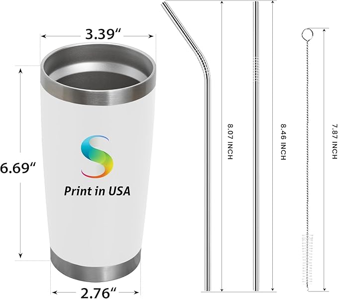 Personalized Custom Print in USA Tumbler 20oz Stainless Steel Double Wall Coffee Cup with Lid & Straw Insulated Tumbler with Colorful Text Logo Photo