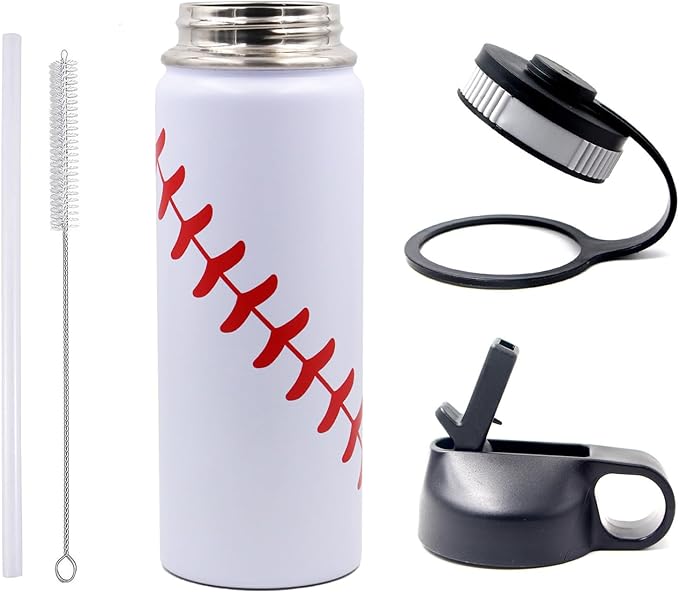 18 oz Baseball Water Bottle, Sports Flask Metal Travel Tumbler with 2 Lids, Stainless Steel Double Wall Vacuum Insulated Leak Proof Thermo Water Bottles, Baseball Accessories Gifts for Mom Boys Girls - Bloomnest