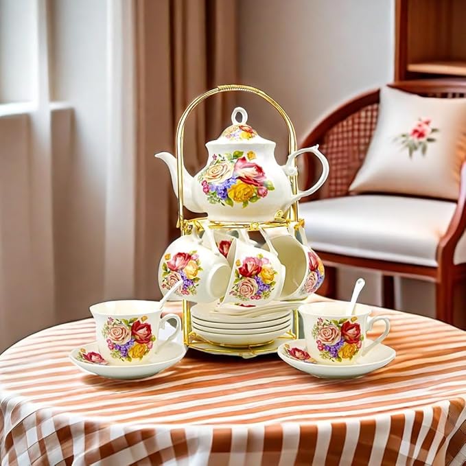 20-Pieces Porcelain Bone china Tea Sets,Gold Rim Coffee Set with Golden Metal Rack,Tea Gift Sets for Home&Party (006) - Bloomnest