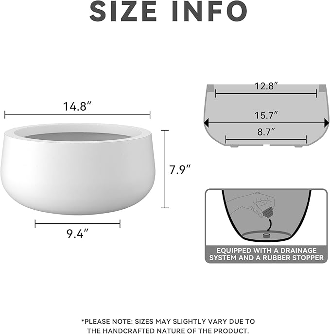 Kante 15.7" Dia Round Concrete Planter, Outdoor Indoor Garden Plant Pots with Drainage Hole and Rubber Plug, Modern Curvaceous Design, Pure White - Bloomnest