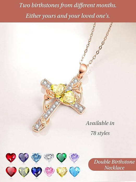 Rose Gold Dual Birthstones Cross Necklace for Women Rose Flower Jewelry Anniversary Christmas Mother's Valentine's Day Birthday Gift for Wife Girlfriend Mom - Bloomnest