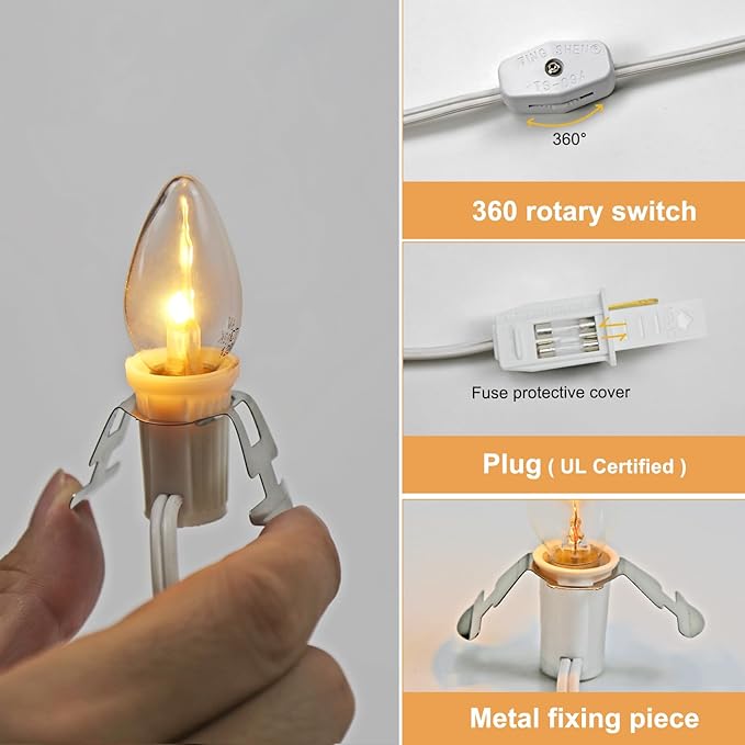 4 Pack Accessory Cord with LED Night Light Bulbs - White Cord with On/Off Switch Plugs - C7 led Bulb Warm White with Spare Fuse, for Holiday Decoration and Craft Village House Decoration - Bloomnest