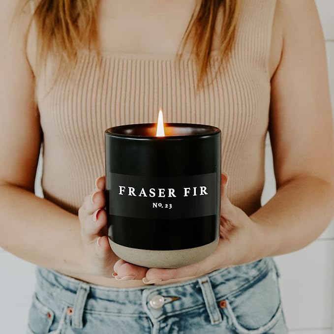 Sweet Water Decor Fraser Fir Soy Candle | Cypress, Evergreen, Cedar, and Fir Balsam Scented Candles for Home | 12oz Black Stoneware Jar, 60+ Hour Burn Time, Made in The USA - Bloomnest