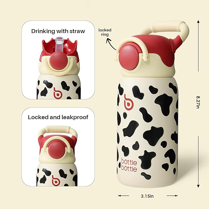 BOTTLE BOTTLE Kids Insulated Water Bottle with Straw Lid and Handle 16 oz Stainless Steel Vacuum Tumbler Water Bottles for School Outdoor Travel Gifts for Boys and Girls Cow - Bloomnest