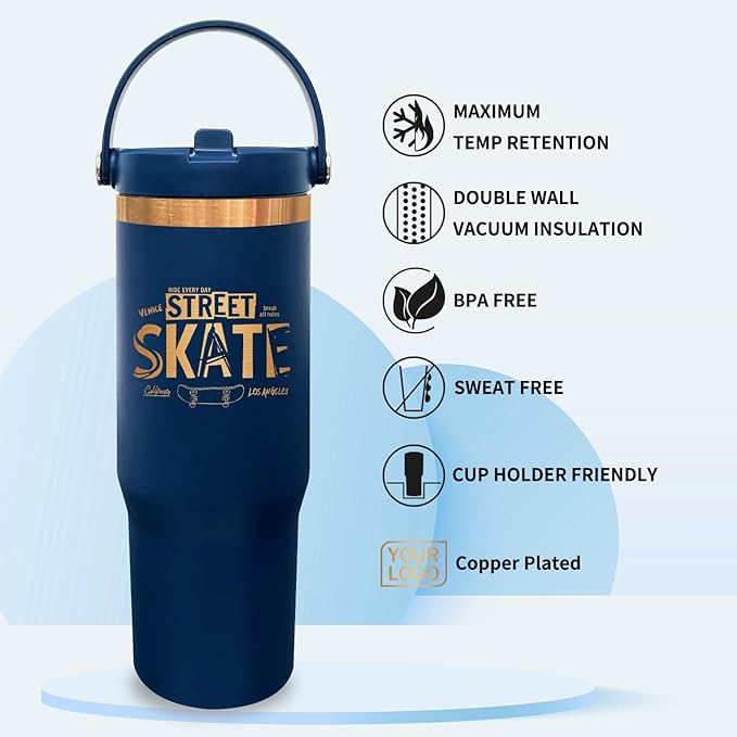 30 oz Tumbler with Handle, Double Wall Vacuum Insulated Tumblers with Flip Straw, Coffee Mug 30oz Powder Coated Cup for Hot and Cold Drinks(Copper Plated, Navy,4 pack)