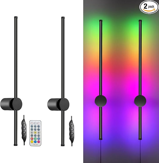 RGB LED Wall Sconces Set of Two with Remote, 15 Color Modes, Dimming, DIY 180° Rotate, Black Plug in Wall Sconces with Warm Light, Dynamic Multicolor Ambience Lights, Plug in Wall Light, 23.6 Inches - Bloomnest