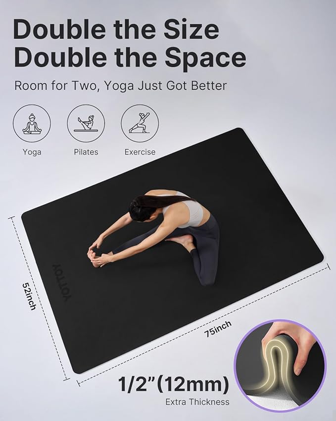 YOTTOY Large Yoga Mat (75 * 52 * 1/2inch),Extra Wide TPE Exercise Mat,Non-Slip Workout Mat for Pilates, Fitness, Barefoot, Home Gym Studio with Strap and Towel - Bloomnest