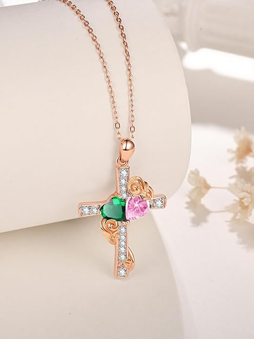 Rose Gold Dual Birthstones Cross Necklace for Women Rose Flower Jewelry Anniversary Christmas Mother's Valentine's Day Birthday Gift for Wife Girlfriend Mom - Bloomnest