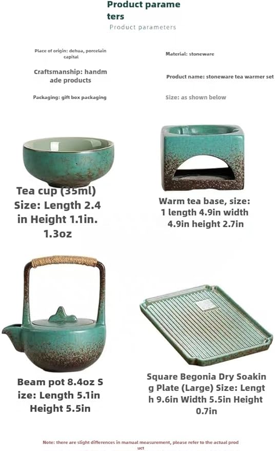 Ceramic travel tea set. 1 pot, 4 cups, 1 tea tray, 1 tea warmer, Chinese Kung Fu tea set, 2 colors (green) - Bloomnest