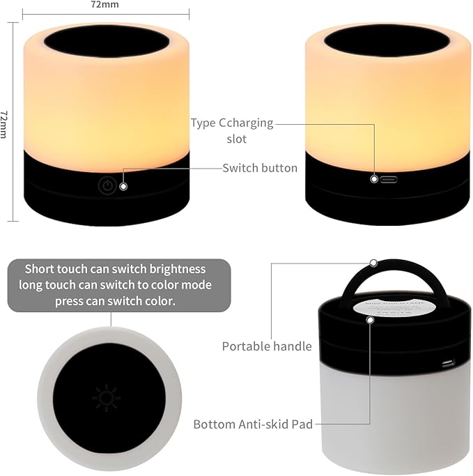 Nursery Night Light for Kids, USB Rechargeable Small Desk Lamp,13 RGB Colors & 4 Brightness & 1 Remote, Touch Bedside Cordless Table Lamp, Portable Night Lamp for Bedroom Living Room Home (Black) - Bloomnest