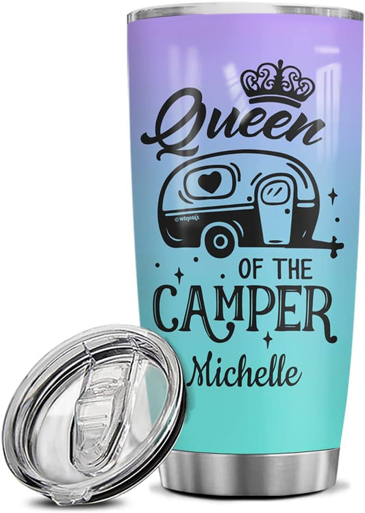 winorax Queen of The Camper Tumbler Personalized Camping Tumbler Gifts for Campers Woman from Husband Boyfriend Sister Best Friend Coffee Cup 20oz 30oz Travel Mug Stainless Steel