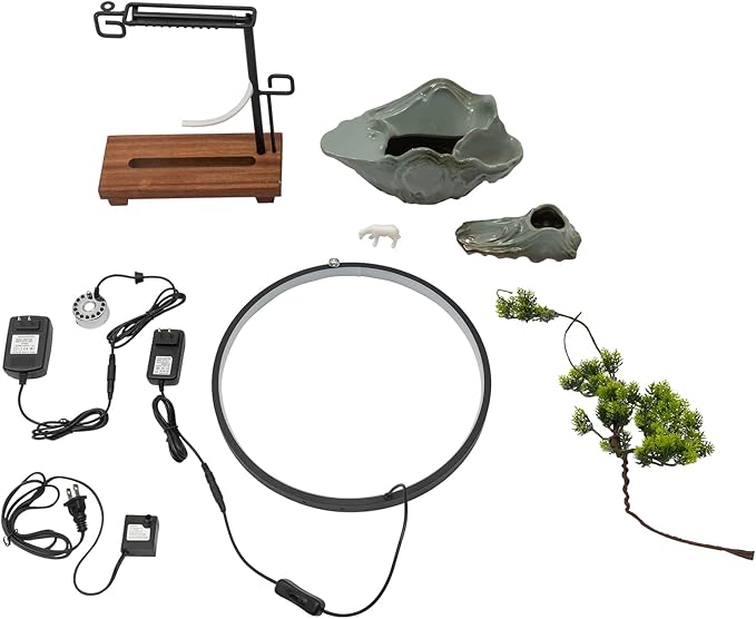 Gdrasuya10 Tabletop Water Fountains Indoor Waterfall with LED Indoor Water Fountains for Meditation with Fake Plants for Good Luck, Wealth