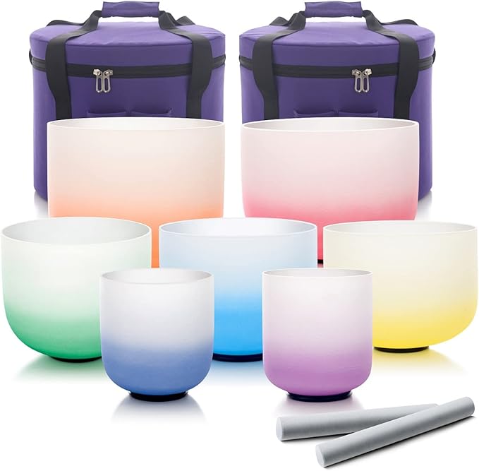 KVKA 432Hz 6-12" Set of 7 pcs Aria Colored Quartz Crystal Singing Bowl Sound Healing Tuned Bell with Carrying Case
