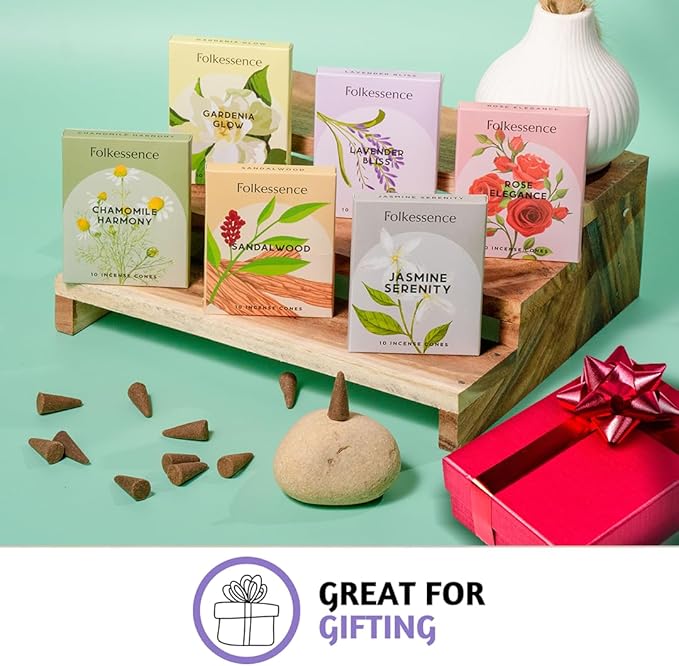 Folkulture Incense Cones Scented | Set of 6 (60 Cones) Pack for Relaxation | Rose, Chamomile, Jasmine, Lavender, Sandalwood Inscents for Gifts for Her | Incense Cone Variety Pack