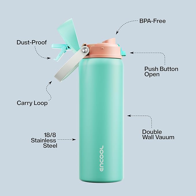 Insulated Water Bottle with Straw - Encool Stainless Steel Water Bottle with Push Button Lid, Leak-Proof & BPA-Free, Keeps Cold for 24 Hours for Sports, Travel, Gym (32 oz, Turquoise) ENCOOL