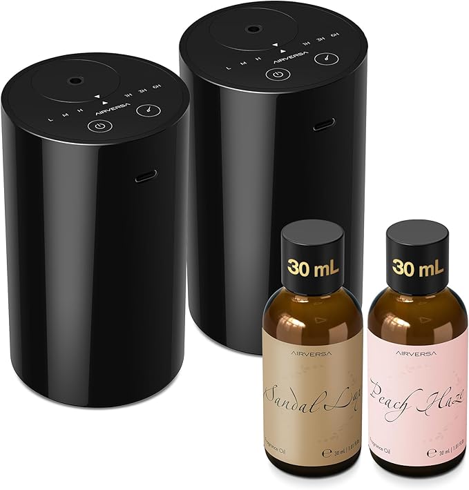 Airversa Waterless Essential Oil Diffuser Starter Kit with 2 x 30mL Fragrance Oil, Battery Operated Mini Scent Air Machine Portable Diffuser for Home Car Office Room, Black AN8 2Packs Kit - Bloomnest