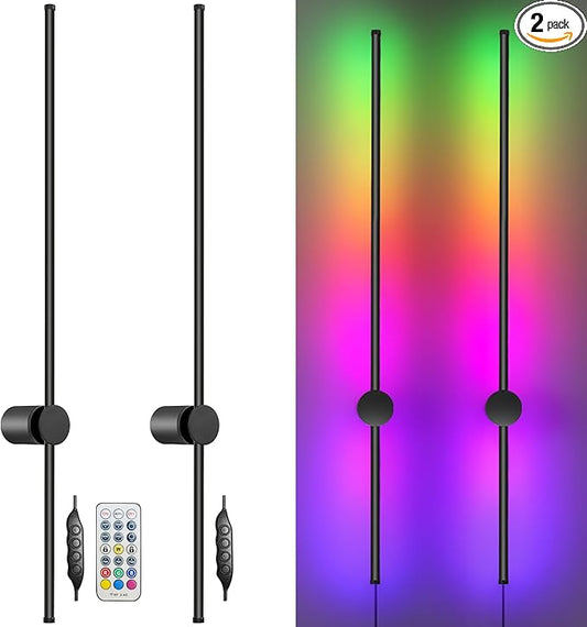 RGB LED Wall Sconces Set of Two with Remote, 15 Color Modes, Dimming, DIY 180° Rotate, Black Plug in Wall Sconces with Warm Light, Dynamic Multicolor Ambience Lights, Plug in Wall Light, 39.4 Inches - Bloomnest