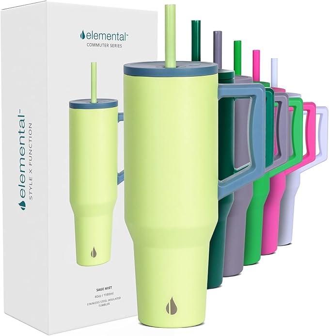 Elemental 40 oz Tumbler with Handle and Straw - Spill Proof Insulated Stainless Steel Commuter for Hot and Cold Beverages - Travel Coffee Mug with 2 Straws & Spill Proof Lid - 40oz - Sage Mist - Bloomnest