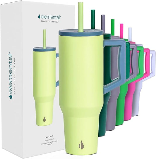Elemental 40 oz Tumbler with Handle and Straw - Spill Proof Insulated Stainless Steel Commuter for Hot and Cold Beverages - Travel Coffee Mug with 2 Straws & Spill Proof Lid - 40oz - Sage Mist - Bloomnest