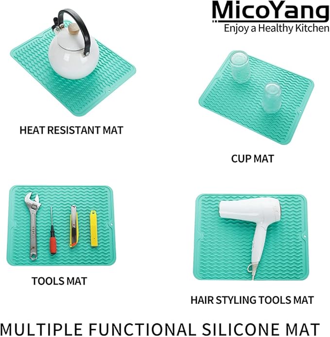 Silicone Dish Drying Mat for Multiple Usage,Easy clean,Eco-friendly,Heat-resistant Silicone Mat for Kitchen Counter or Sink,Refrigerator or drawer liner Mint L 16 inches x 12 inches - Bloomnest