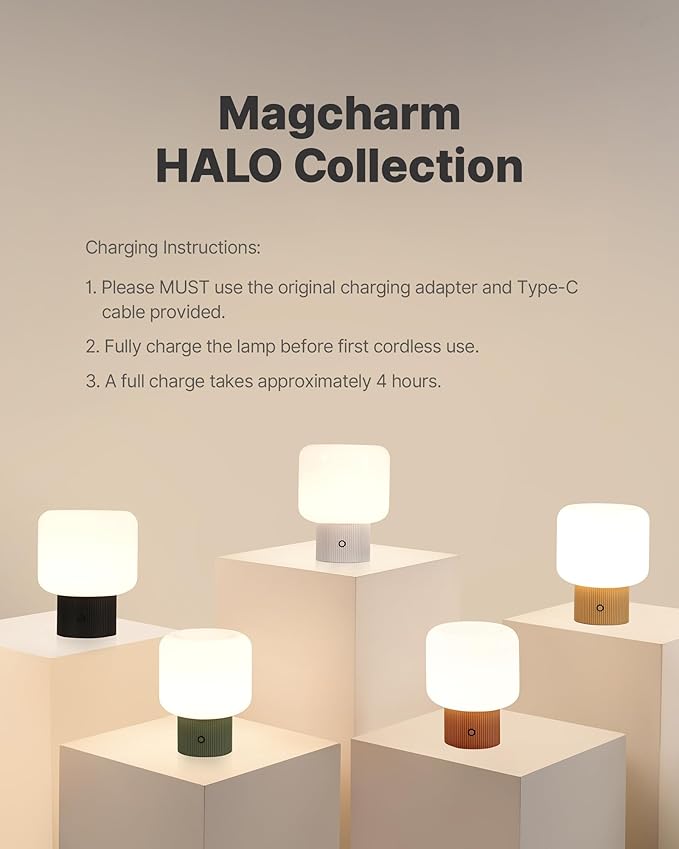 Halo Mushroom Lamp, 5W Cute Cordless Rechargeable Table Lamp with Glass Shade, 3-Color Dimmable Small Retro Touch Bedside Lamp for Bedroom Ambient Decor (Orange) - Bloomnest