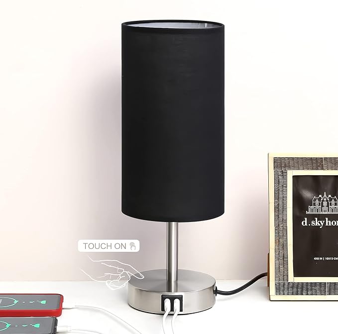 Bedside Lamp with USB Port - Touch Control Table Lamp for Bedroom Wood 3 Way Dimmable Nightstand Lamp with Round Black Shade for Living Room, Dorm, Home Office (LED Bulb Included) (Blacl2) - Bloomnest