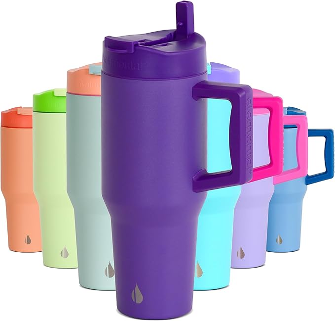 Elemental 32 oz 100% Leak Proof Tumbler with Handle & Straw - Stainless Steel Double Wall Insulated Tumbler for Hot and Cold Beverages - Travel Coffee Mug with Sip & Straw Lid - Purple - Bloomnest