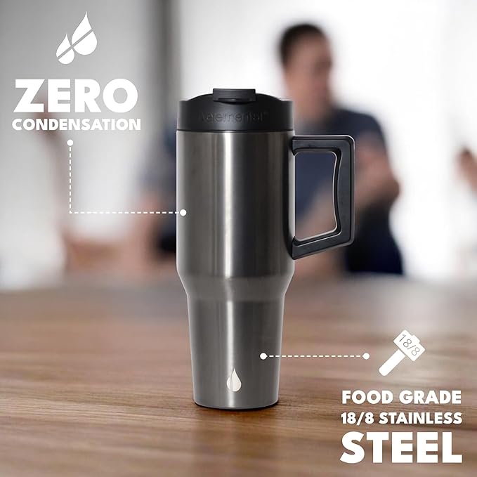 Elemental 32 oz 100% Leak Proof Tumbler with Handle & Straw - Stainless Steel Double Wall Insulated Tumbler for Hot and Cold Beverages - Travel Coffee Mug with Sip & Straw Lid - Gunmetal - Bloomnest