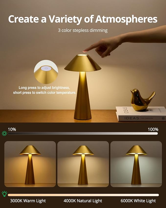 Bojim Rechargeable Cordless Table Lamp, Gold LED Battery Operated Wireless Table Lights, Touch for 3 Color Dimmable, IP54 Waterproof for Restaurant, Dining, Outdoor, Patio, Outside - Bloomnest