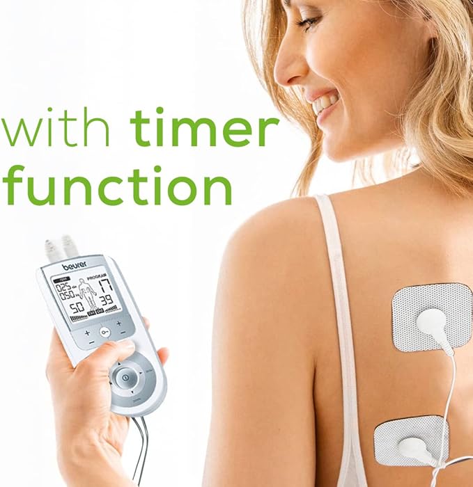 Beurer EM44 TENS Unit Muscle Stimulator with 50 Intensity Levels for Muscle Pain Relief, Muscle Stimulator Includes 4 Electrode TENS Pads, Belt Clip, and Batteries with Tens Machine BeurerNorthAmerica