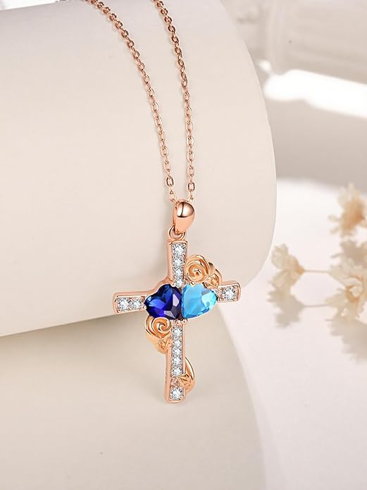 Rose Gold Dual Birthstones Cross Necklace for Women Rose Flower Jewelry Anniversary Christmas Mother's Valentine's Day Birthday Gift for Wife Girlfriend Mom - Bloomnest