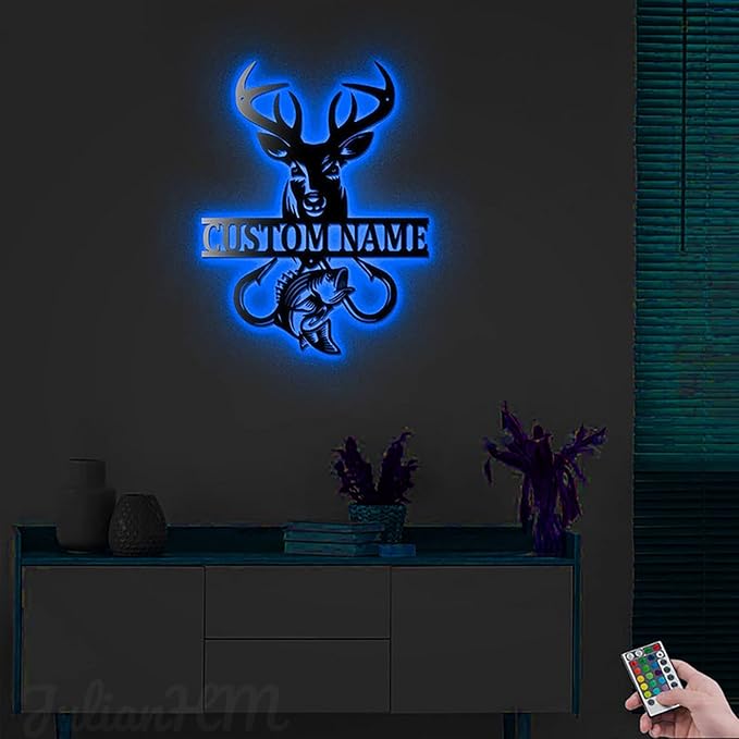 Lovely POD Personalized Hunting Metal sign, Hunting Art, Custom Deer Fish Hook Monogram Metal Wall Decor With Led Lights, Personalized Deer Hunting Wall Art Decoration, Hunting Name Sign Decoration - Bloomnest
