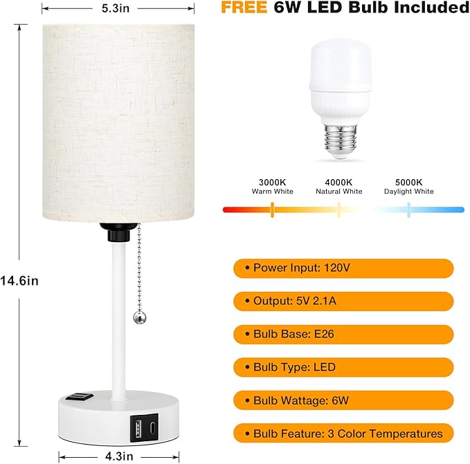 Small Bedside Lamp for Bedroom Nightstand - 3000K 4000K 5000K Bedside Lamps with USB C and A Ports, Pull Chain Table Lamps with AC Outlet, Nightstand Lamps with White Metal Base for Kids Reading - Bloomnest