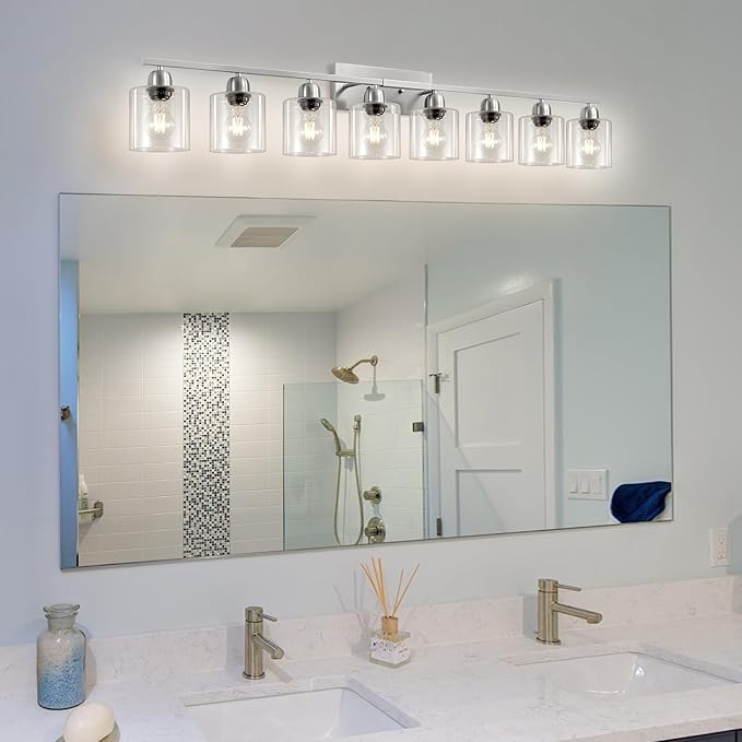 Modern Brushed Nickel 8 Light Bathroom Light Fixtures,52 inch Vanity Lights for Bathroom with Clear Glass for Mirror Kitchen Living Room Hallway Cabinet Porch - Bloomnest