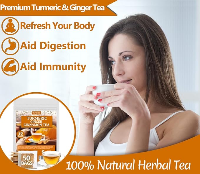 50 Premium Turmeric, Ginger, Cinnamon Blend Tea Bags, 100% Natural & No Additives & Caffeine Free. - Bloomnest