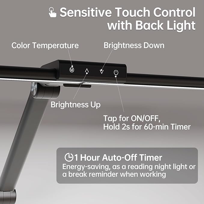 LED Desk Lamp for Home Office, 24W Eye-Caring Reading Light with Clamp, USB Charging Port, 7 Brightness 5 Color Mode, Memory Function, Auto-Off Timer, Swing Arm Architect Table Lamp for Study - Bloomnest