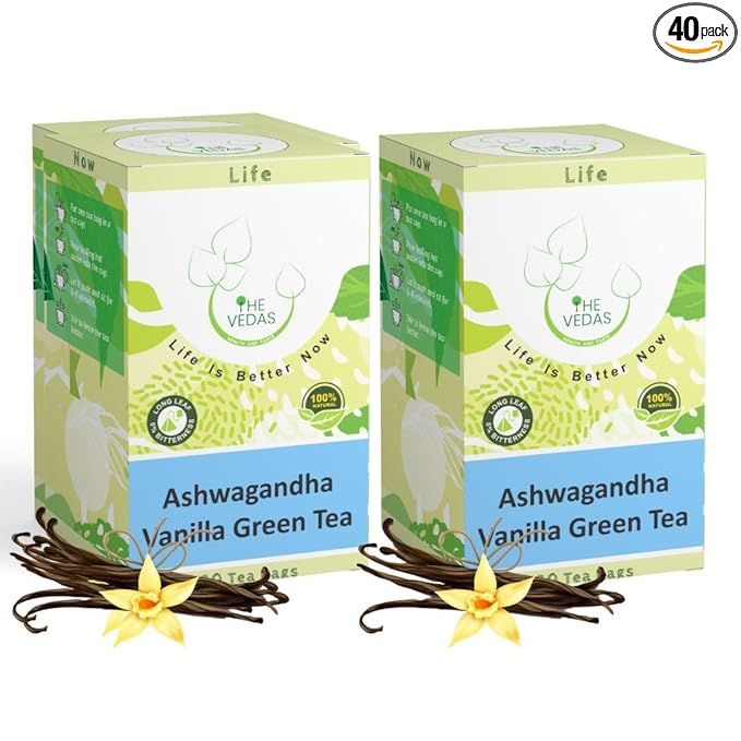 THE VEDAS Ashwagandha Vanilla Green Tea | Green Tea | Biodegradable Cotton Teabags | 40 Tea Bags(Pack of 2) - Bloomnest