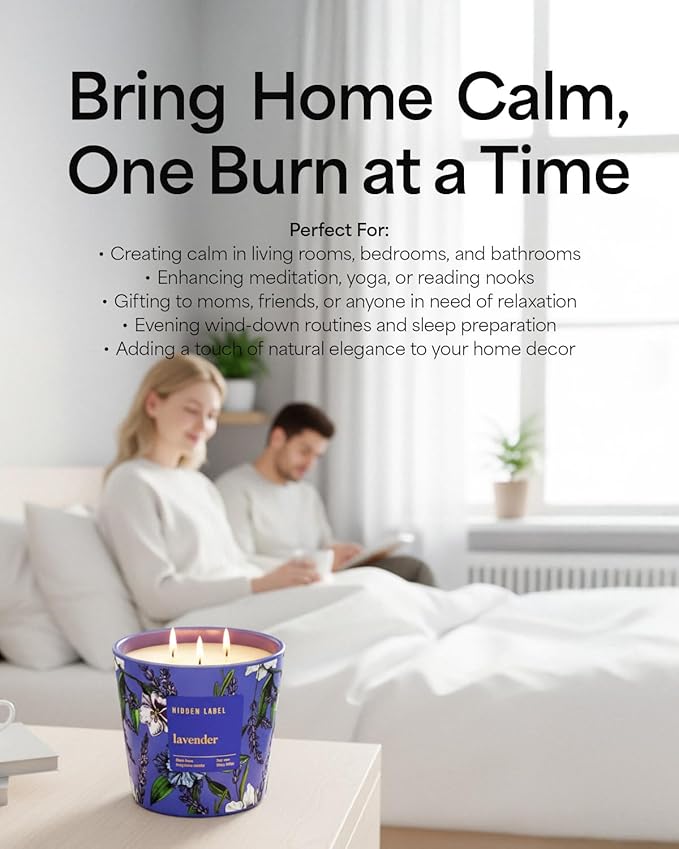 Extra Large Candles, Lavender Candle for Home Scented, 30oz Natural Soy Wax, 3 Wick Large Candle, 100 Hours Clean Burn | Non Toxic | Aromatherapy for Home Decor,Stress Relief,SPA, Relaxation - Bloomnest