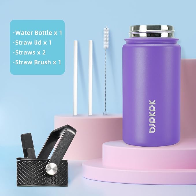 BJPKPK Water Bottle with Straw Lid, 15 oz Insulated Water Bottle, Stainless Steel Metal Water Bottles, Reusable Leak Proof BPA Free Thermo, Flask, Cups, Macaron-Modena - Bloomnest