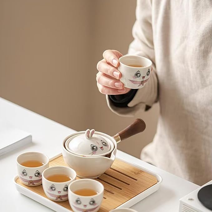 Ceramic Portable Travel Tea Set, Chinese Kungfu Tea Set with 360 Rotation Teapot and Infuser, 4 Tea Cups, Tea Tray And Travel Bag (Lovely Rabbit)