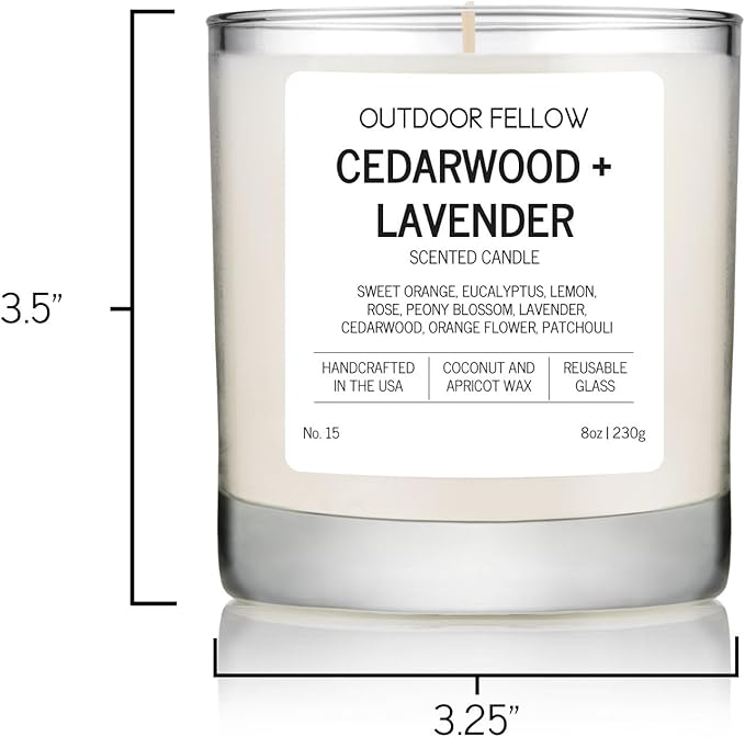 Outdoor Fellow Cedarwood and Lavender Scented Candle, 8oz, Coconut & Apricot Wax Blend, Sweet Orange, Lavender, Cedarwood, Reusable Glass, 40-50 Hour Burn Time - Bloomnest